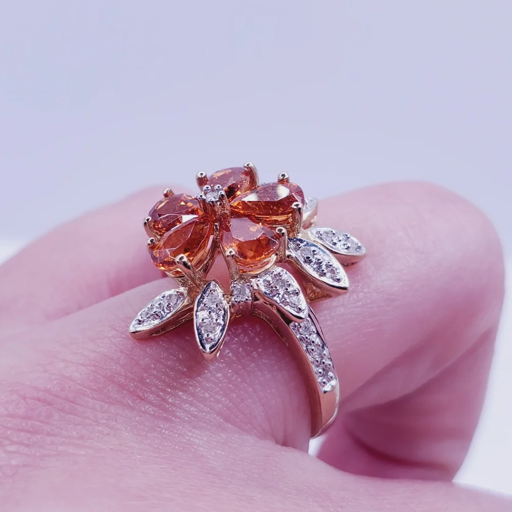 10k Solid Yellow Gold Genuine Spessartite Mandarin Garnet & Diamond Flower Ring